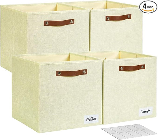 Collapsible Fabric Storage Cube Bins with 2 Reinforced PU Handles, Foldable Storage Organizer Baskets for Closet, Shelves, Living Room | 13"x13"x13", 4 Pack, Full Beige-NeatNest
