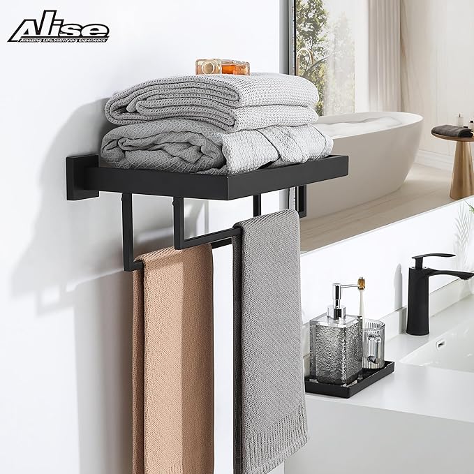 Alise 16 Inch Towel Racks for Bathroom, Towel Rack Wall Mounted with Double Towel Bars, SUS 304 Stainless Steel Towel Shelf, Heavy Duty Hand Towel Holder(Matte Black)