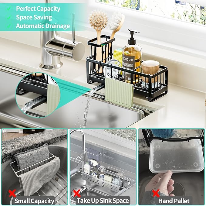 HapiRm Sponge Holder for Kitchen Sink - Self-draining Sink Caddy with Brush and Dishcloth Holders, Stainless Steel Kitchen Organizer for Countertop - Black