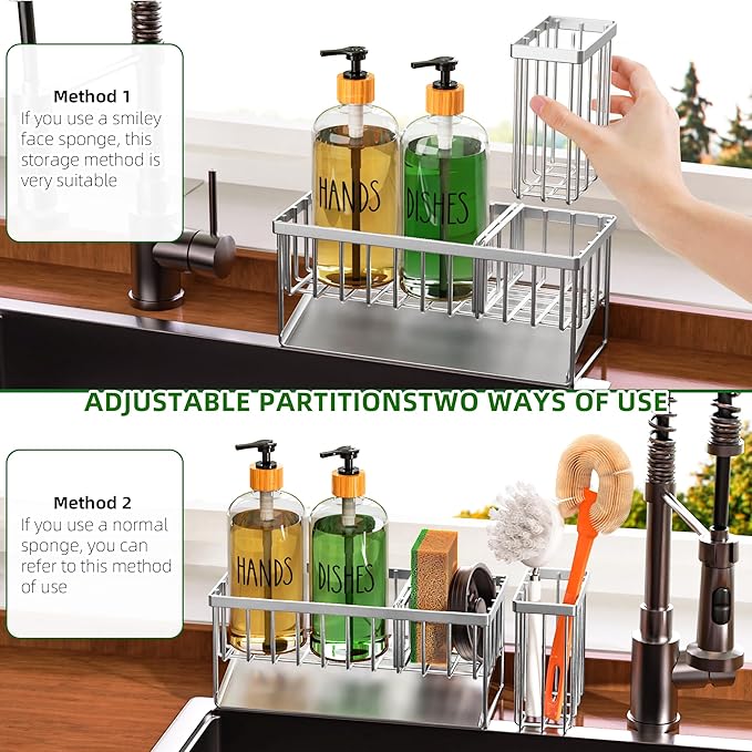 Cisily Kitchen Soap Dispenser Set with Pump, 16OZ Glass Bottle and Rustproof 304 Stainless Steel Sponge Holder, Hand and Dish Soap Dispenser Set for Kitchen Sink Organizer Decor-NeatNest