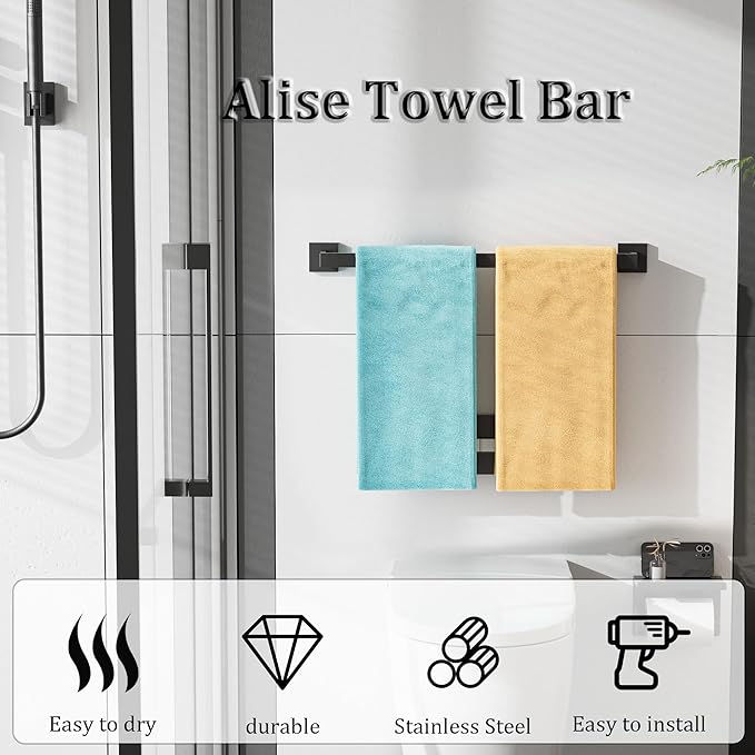 Alise Black Towel Bars,23.6 Inch Towel Holder Towel Racks for Bathroom and Lavatory,SUS304 Stainless Steel Hand Towel Hanger Rail Wall Mount,Useable Length 21.85 Inch Towel Bar, GYT060-B