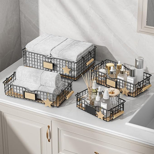 Bathroom Tray and Organizer Basket, 4 Pack Storage Baskets with Wooden Handles, Multipurpose for Bathroom, Coffee Bar, Kitchen cabinet, Living Room - Black-NeatNest