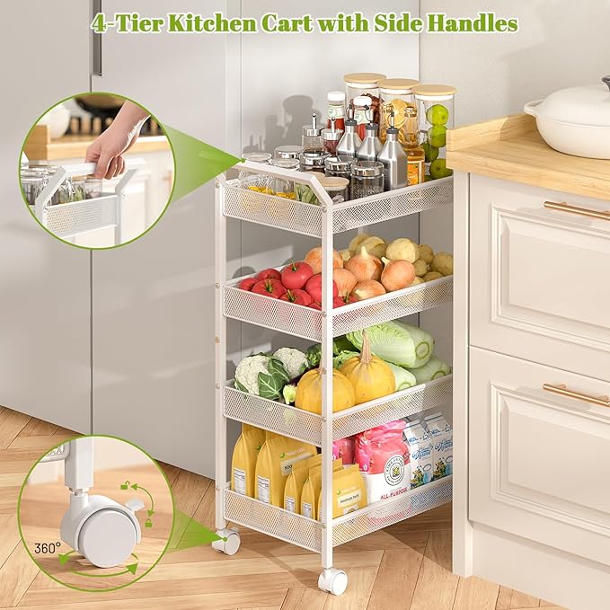 4-Tier Standing Storage Shelves, Shelving Unit with Wheels, Freestanding Shelf for Bathroom, Laundry, Kitchen Organizers and Storage,White-NeatNest