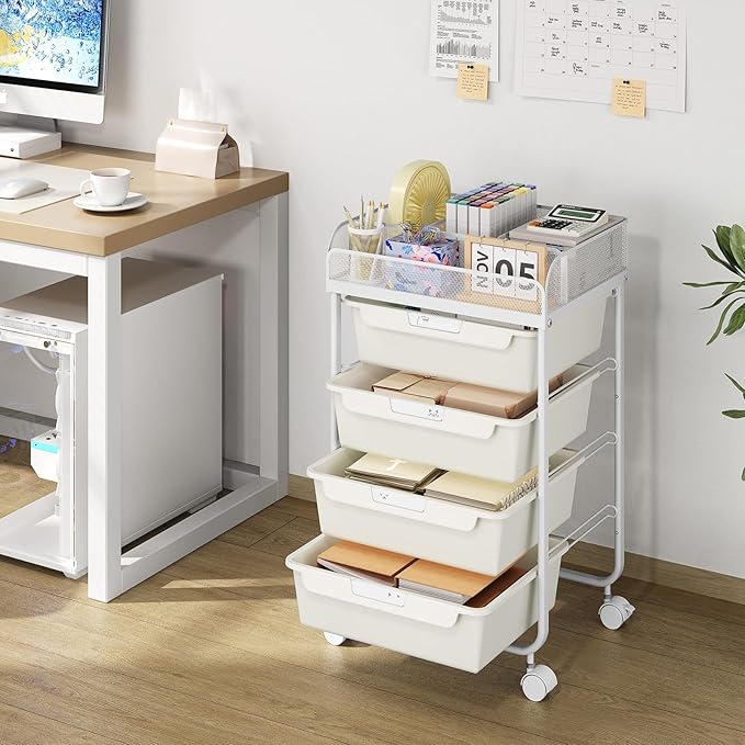 Rolling Cart with 4 Drawers,Craft Cart,Rolling Storage Cart with Drawer,Storage Cart with Drawers, Utility Cart with Drawers,Rolling Drawer Cart & 4 Dividers & 4 PCS DIY Lable,White