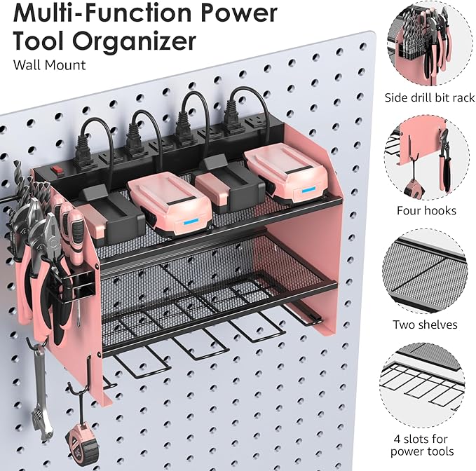 CCCEI Modular Power Tool Organizer Wall Mount with Charging Station. Garage 4 Drill Storage Shelf with Hooks, Drill Bit Heavy Duty Rack, Pink Tool Battery Holder Built in 8 Outlet Power Strip.-NeatNest