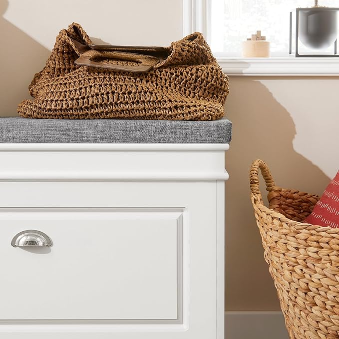 Haotian Shoe Storage Bench with Cushion, White Narrow Shoe Rack for Entryway, Small Shoe Cabinet with 2 Tiers Flip-Drawer, Closet Hallway Mudroom FSR82-L-W-NeatNest