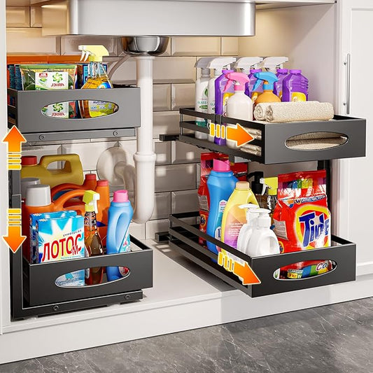 Under Sink Organizer, 2 Tier Under Sink Organizers and Storage, Adjustable Height, Slide Out Metal Cabinet Organizers, Pull Out Cabinet Storage Drawer Shelf for Kitchen Bathroom Black, 2 Pack-NeatNest