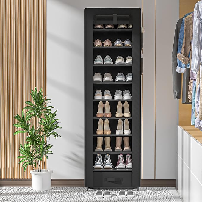 Shoes Rack 10 Tier Tall Shoe Rack Narrow Shoe Rack with Storage Box,Fabric Covered Metal Shoe Rack Organizer for Closets-NeatNest