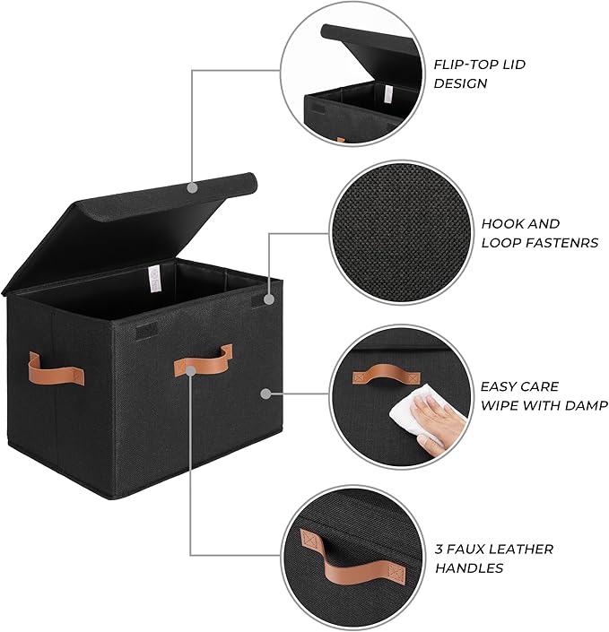 GRANNY SAYS Black Storage Bins with Lids, Decorative Storage Boxes with PU Handles, Linen Closet Organizer, Storage Baskets for Shelves, Fabric Storage Bins for Clothes, Extra Large-NeatNest