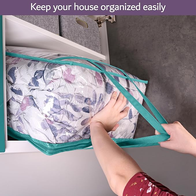 Clear Vinyl Zippered Storage Bags (3-Pack) 40L Sturdy Storage Bags for Sweaters, Blankets, Comforters, Bedding Sets and Much More! (Turquoise, 18x15x9)-NeatNest