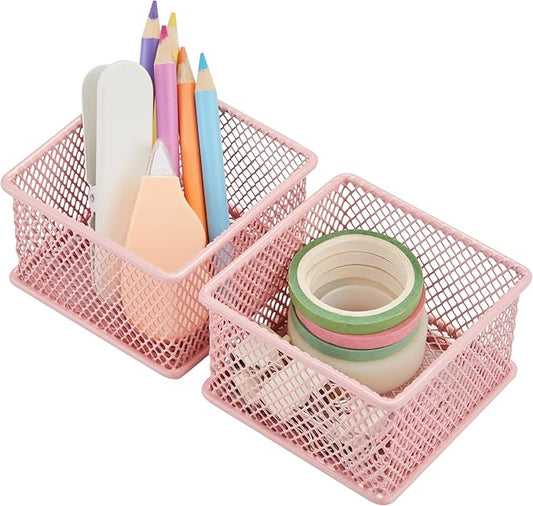 Annova Mesh Stackable Drawer Cabinet and Shelf Organizer Bins Storage Basket School Office Supply Holder Tray- Set of 2 (Light Pink, 3x3x2 Inch)-NeatNest