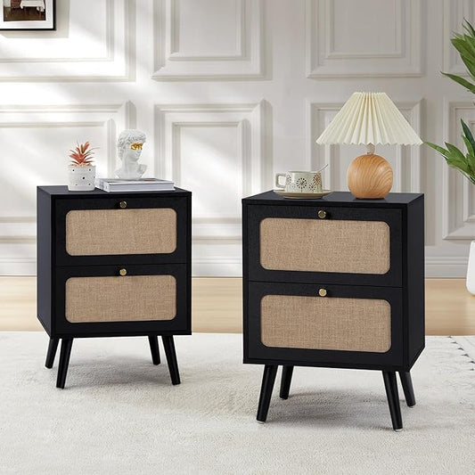Mid Century Night Stand Set of 2, Modern Nightstand with 2 Drawers & Curved Linen Panel, Farmhouse End Table Wood Bedside Table Small Side Tables for Small Space, Bedroom (Black)