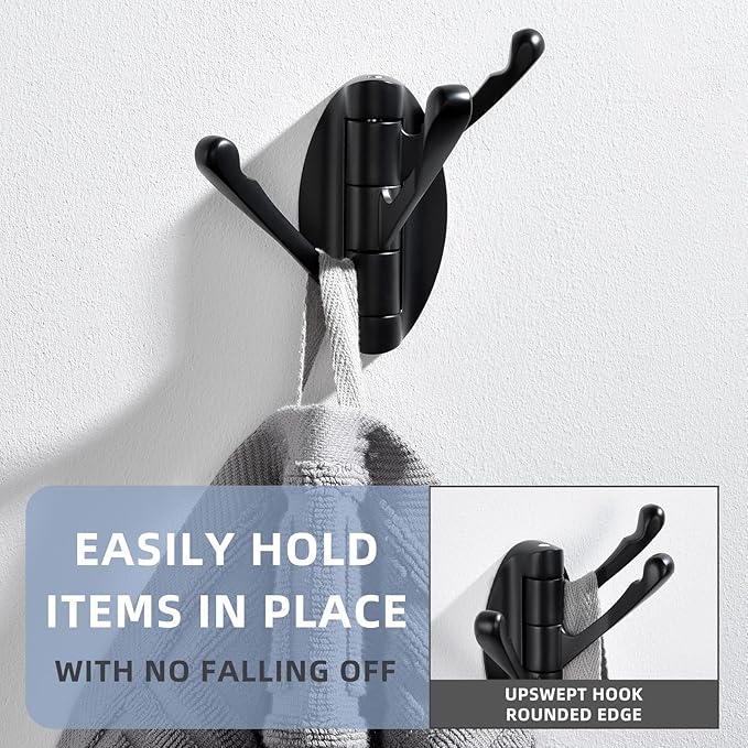 Angle Simple Towel Hook Matte Black 2 PCS, Metal Swivel Folding Robe Hook, Hand Towel Holder, Heavy Duty Clothes Hanger for Bathroom RV Wall Mount