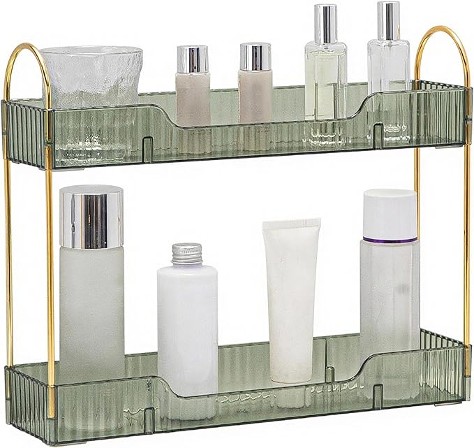 YCIA&DONE 2 Tiers Narrow Vanity Makeup Organizer, Bathroom Organizers Countertop Slim, Perfume Holder Skincare Storage Cosmetic Shelf Spice Rack, for Small Desktop Counter Space, Vintage Green-NeatNest