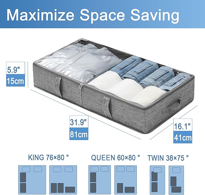 Foldable Underbed Bags 2 Pack, Large Under Bed Storage Organizer Box with Handle for Organizing Clothes, Shoes, Pillows, Grey-NeatNest