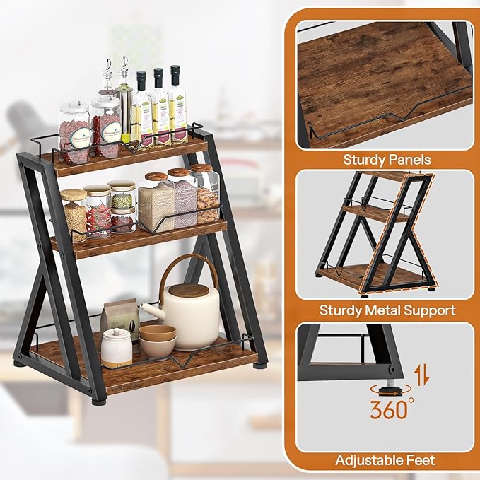 HOOBRO 3-Tier Kitchen Spice Rack, Kitchen Countertop Shelf, Desk Shelf Organizer, Dresser Top Storage Rack, for Office, Living Room, Bathroom, Rustic Brown and Black BF10TL01