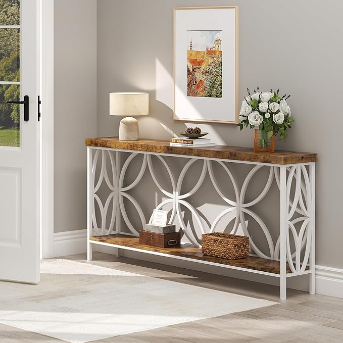 karlott 70.9 inch Extra Long Console Table, Industrial Sofa Table Behind Couch with 2 Tier Storage Shelf, Narrow Long Entryway Table for Living Room, Foyer, Hallway, Office, White-NeatNest