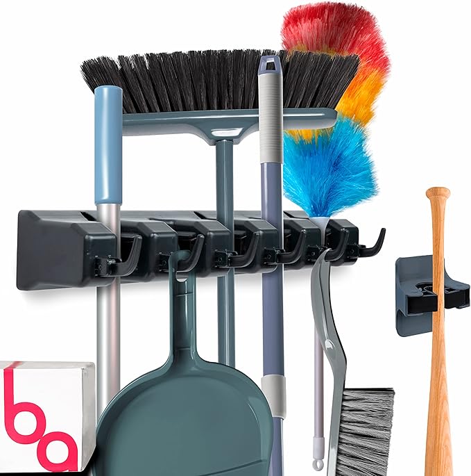 Combo 5 Slot Broom Holder w/ 1 Self Adhesive Mop Gripper No-Drilling, Wall Mount Tool Organizers For Kitchen, Garage, Laundry Room- Anti-Slip Hanger For Brooms, Mops, Rakes, Dustpans (Black / Black)-NeatNest