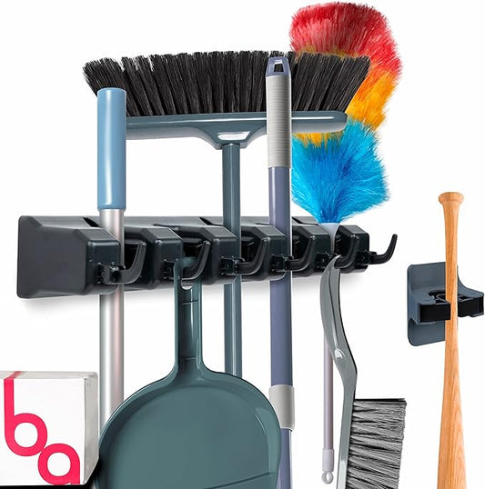 Combo 5 Slot Broom Holder w/ 1 Self Adhesive Mop Gripper No-Drilling, Wall Mount Tool Organizers For Kitchen, Garage, Laundry Room- Anti-Slip Hanger For Brooms, Mops, Rakes, Dustpans (Black / Black)-NeatNest