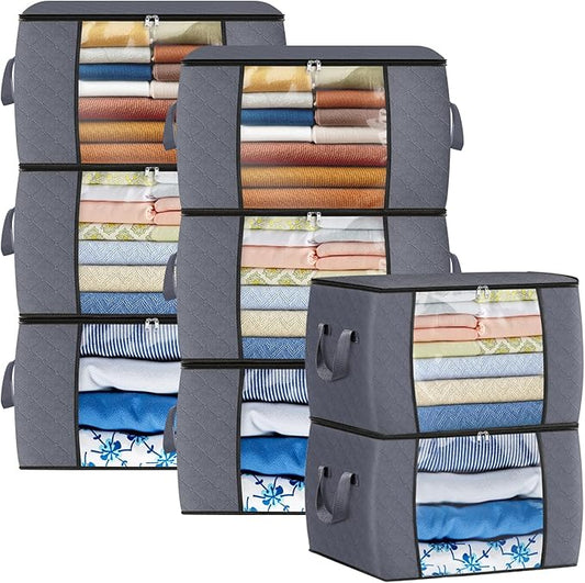 Fab totes 90L Clothes Storage, Foldable Thick Fabric Blanket Storage Bags, Containers for Organizing Bedroom, Closet, Clothing, Comforter, Organization with Handle (8 Pack,Grey)-NeatNest