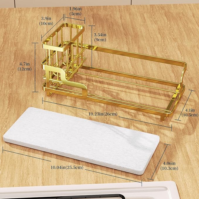 Consumest Sponge Holder for Kitchen Sink - Sink Caddy Organizer with Water Absorbing Stone Tray, Detachable Brush Holder, Stainless Steel Kitchen Counter Organizer Rack, Gold-NeatNest