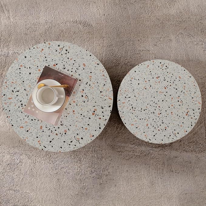 Round Nesting Coffee Table Set of 2 Terrazzo Round Drum Fluted Coffee Tables for Small Space Modern Stacking Nesting Tables Minimalist Circle Center Table 2 Piece for Living Room (Terrazzo)