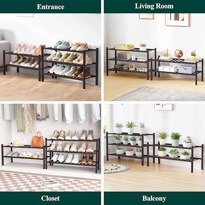 Smiry Bamboo Shoe Rack for Closet, 2 Tier Wooden Stackable Shoe Organizer, Free Standing Shoes Storage Shelf for Entryway, Front Door Entrance, Brown-NeatNest