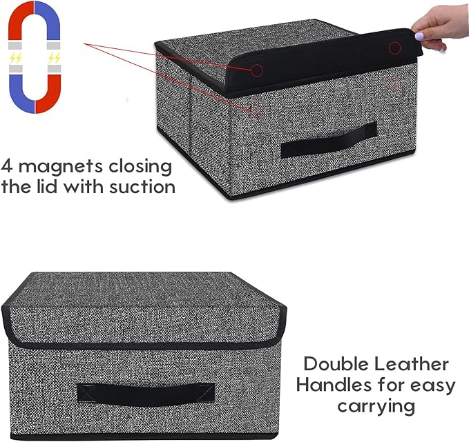Onlyeasy Foldable Storage Bins Cubes Boxes with Lid - Storage Box Cube Cubby Basket Closet Organizer Pack of Two with Leather Handles for Closet Bedroom, 13"x13", Black, 8MXALB2P