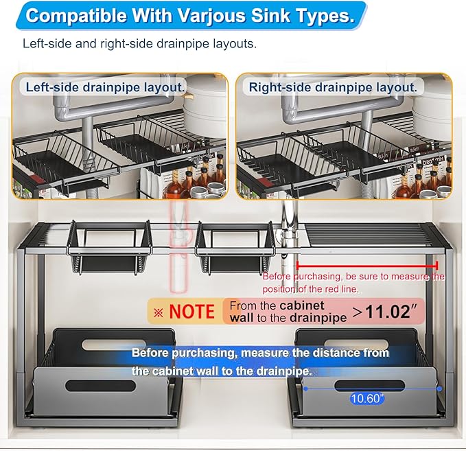 FOXMIND Under Sink Organizer,Double Drawers Large Volume 2 Tier Slide Out Sink Shelf Cabinet Storage Shelves,Adjustable Width(23.6"-29.5"),2 Adjustable Basket,Black-NeatNest