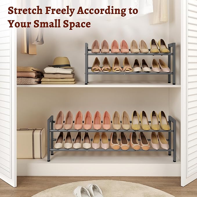 FAVOOSTY 2-Tier Expandable Shoe Rack, Adjustable Shoe Shelf Storage Organizer Space Saving Metal Free Standing Shoe Rack for Entryway Closet Doorway, Silver Grey-NeatNest