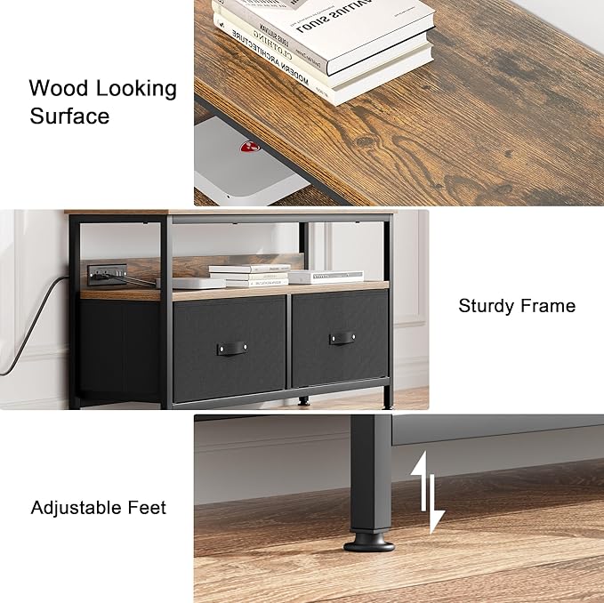 39" TV Stand for TVs up to 50", Media Console with Charging Station & LED Lights, 2 Drawer Storage Chest, Gaming Entertainment Center with Storage for Living Room, Brown, Medium-NeatNest