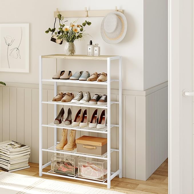 Yusong Shoe Rack Organizer, 6 Tier Industrial Shoe Storage Shelf, Narrow Sturdy Metal Shoe Shelves for Closet Entryway, Rustic Brown-NeatNest