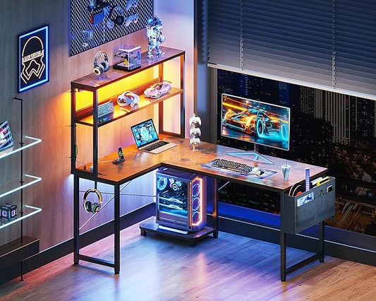 Casaottima Gaming Desk with Power Outlets & LED Lights, 43 Inch Reversible L Shaped Computer Desk with Shelves & Storage Bag, Corner Desk for Home Office, Vintage-NeatNest