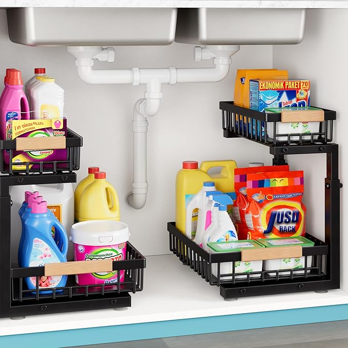 1 Packs 2 Tier Under Sink Organizers, Sliding Pull-Out Cabinet Storage Shelf, Metal Drawer for Kitchen, Bathroom, Pantry & Closet Organization Rack, Rust-Resistant,Black-NeatNest