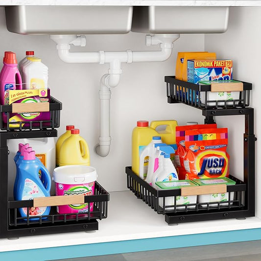 1 Packs 2 Tier Under Sink Organizers, Sliding Pull-Out Cabinet Storage Shelf, Metal Drawer for Kitchen, Bathroom, Pantry & Closet Organization Rack, Rust-Resistant,Black-NeatNest