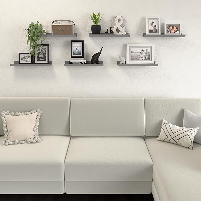 Floating Shelves Set of 6, Grey Wall Shelves with Lip, Display Shelves for Wall Decor, Modern Picture Ledge for Living Room, Bedroom, Nursery, Bathroom, Pictures, Books, Plants- Grey-NeatNest