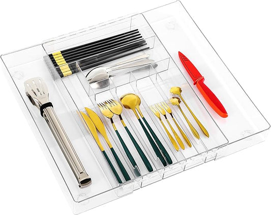 IEEK Utensil Organizer for Kitchen Drawers Expandable Flatware Organizer Utensil Tray Adjustable Cutlery Silverware Holder,Kitchen Drawer Organizer Tray for Knives,Forks,Spoons,Chopsticks,Clear-L-NeatNest