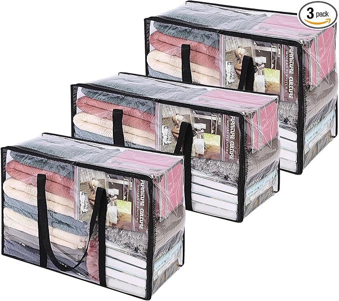Vieshful 3 Pack 40L+60L+90L Clear Clothes Storage Bag, Zippered Closet Organizer, Plastic Storage Containers Moving bags for Comforter, Blanket, Bedding, Duvet, Toys-NeatNest