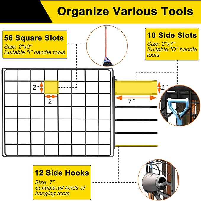 GIOTORENT 6 Tier Garden Tool Organizer, Garage Storage and Organization, Metal Yard Tools Storage Rack, Heavy Duty Garden Tool Organizer for Garage, Yard, Patio, Shed, Indoors and Outdoors, Black