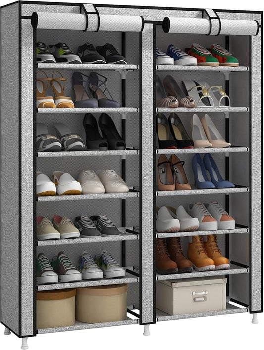 JIUYOTREE 7-Tier Shoe Rack Storage Organizer with Dustproof Cover Closet Cabinet Shelf Holds up to 28 Pairs for Doorway Corridor Balcony Living Room Ash Gray-NeatNest