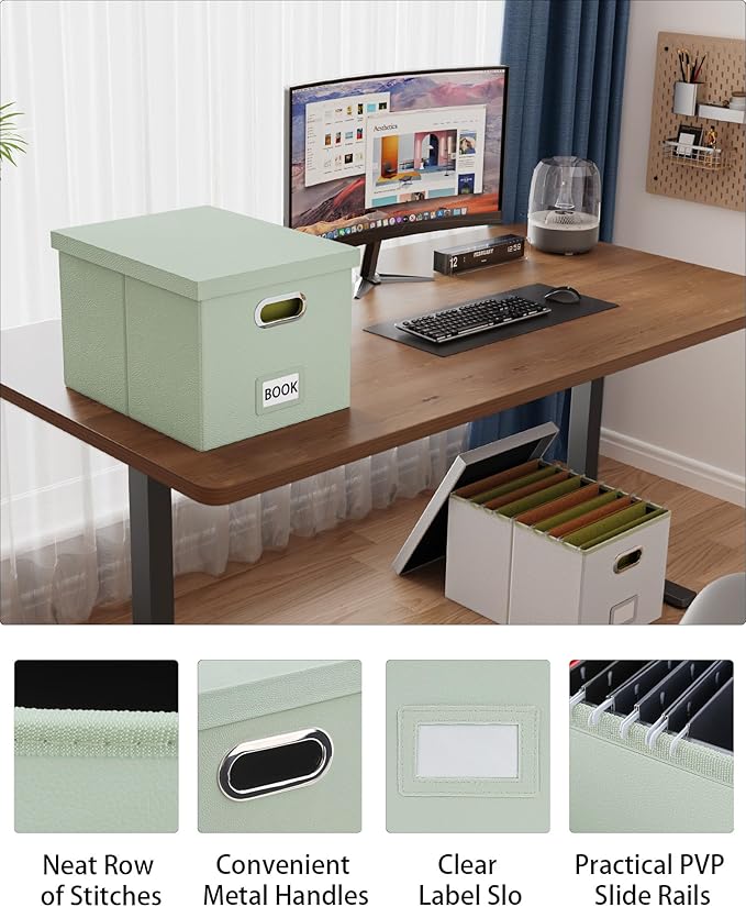 2 Pack File Storage Organizer Box,Filing Box,Portable File Box with Lid,Fit for Letter/Legal File Folder Storage, Grey-green(Leather)-Box only