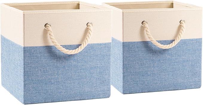 PRANDOM Large Foldable Cube Storage Bins 13x13 inch [2-Pack] Fabric Linen Storage Baskets Cubes Drawer with Cotton Handles Organizer for Shelves Nursery Closet Bedroom Beige/Blue-NeatNest