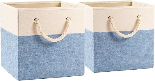 PRANDOM Large Foldable Cube Storage Bins 13x13 inch [2-Pack] Fabric Linen Storage Baskets Cubes Drawer with Cotton Handles Organizer for Shelves Nursery Closet Bedroom Beige/Blue-NeatNest