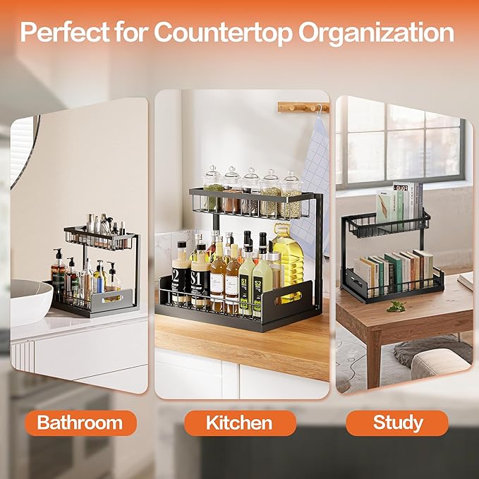 VUSIGN Under Sink Organizer, 2 Tier Pull Out Bathroom Cabinet Organizer, Under Kitchen Sink Organizers and Storage, Under Sink Shelf,2 Pack, Black-NeatNest
