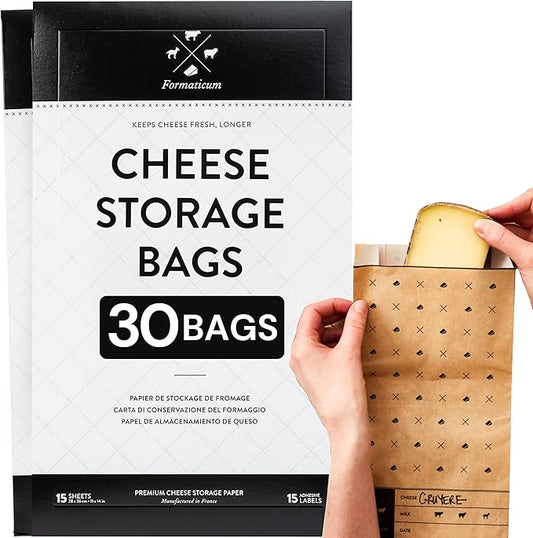 Formaticum - 30-Pack Cheese Storage Bags - 6.25 x 11 Wax Paper Bags to Keep Cheese or Charcuterie Fresh - Professional Grade Cheese Paper for Wrapping Cheese - Porous Brown Paper Bags From France