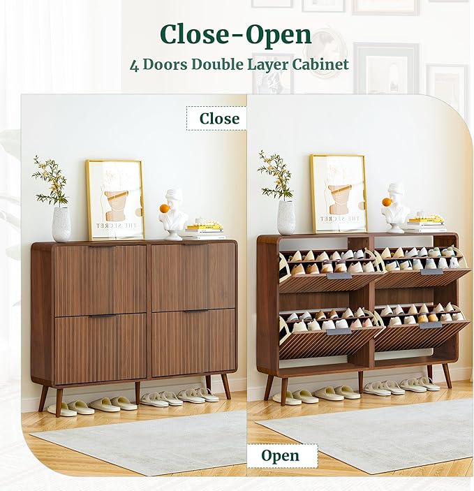 47" Fluted Large Shoe Cabinet with 4 Flip Drawers, Slim Freestanding Shoe Cabinet Organizer, Narrow Shoes Storage Rack for Entryway, 5 Sturdy Legs (Walnut, 9.45" D x 47.24" W x 35.83" H)