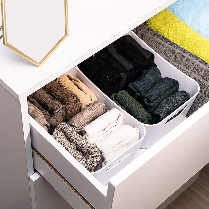 MATICAN Plastic Storage Bins with Handles, 3-Pack Small Pantry Storage Bins, Organizer Baskets for Kitchen, Bathroom, Bedroom, White, 9.6 x 6.6 x 4.1 Inches-NeatNest