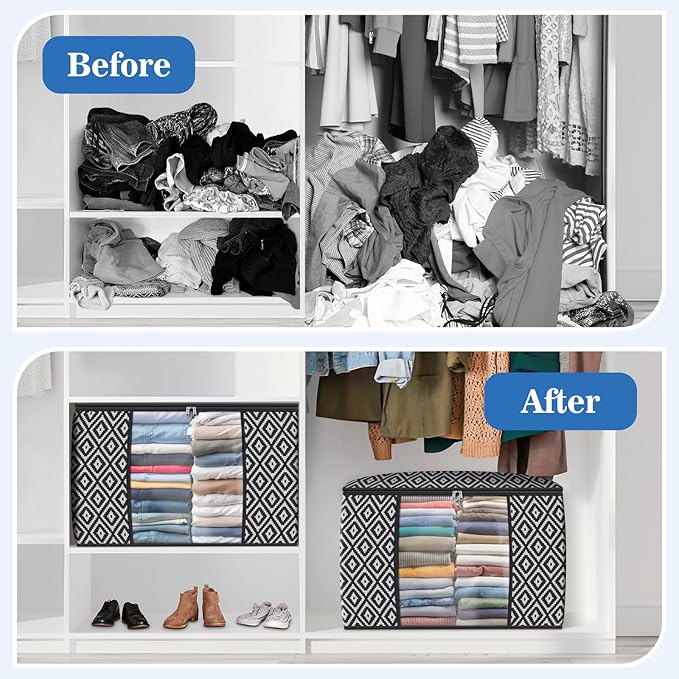Direct 100L, 6 Pack, Storage Containers, Large Clothes Storage Bins Foldable Organization and Storage Bags with Reinforced Handle, Clear Window for Bedding, Blankets, Clothing, Black-NeatNest