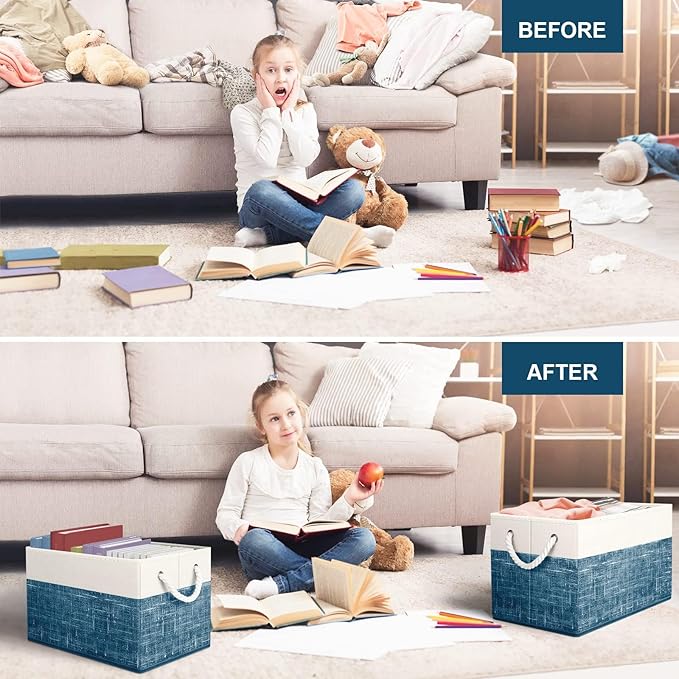 Fab totes Storage Bins [3-Pack], Foldable Storage Baskets for Organizing Toys, Books, Shelves, Closet, Large Storage Box with Rope Handles, Sturdy Organizer Bins, White & Blue-NeatNest