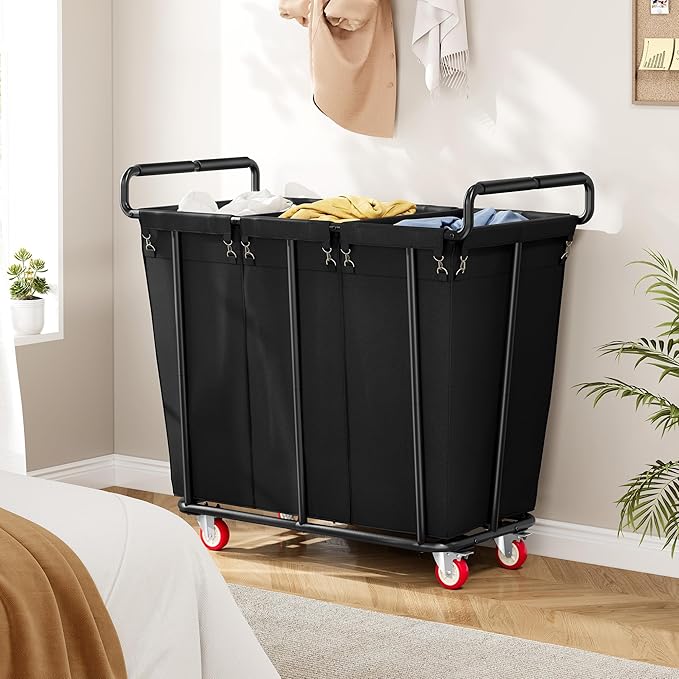 Large laundry hamper with Wheels, 360L 3 Bag Big Rolling Laundry Hamper Sorter Cart, Extra Large Laundry Clothes Hamper, Heavy Duty Laundry Basket Organizer for Laundry Room,Bathroom,Black